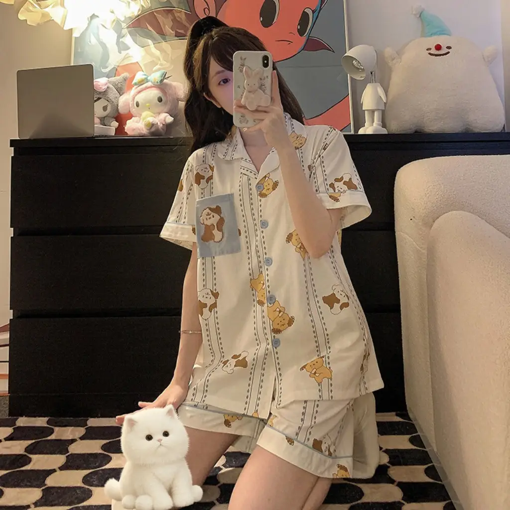 Women's Summer Pajama Set Cream Cartoon Short Sleeve Shorts - Image 35