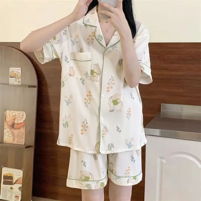 Women's Summer Pajama Set Cream Cartoon Short Sleeve Shorts - Image 36