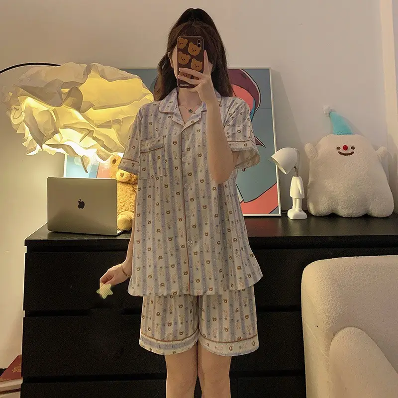 Women's Summer Pajama Set Cream Cartoon Short Sleeve Shorts - Image 37