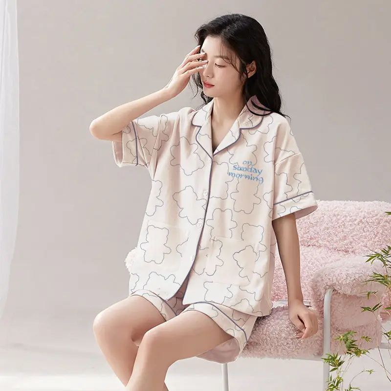 Women's Summer Pajama Set Cream Cartoon Short Sleeve Shorts - Image 38