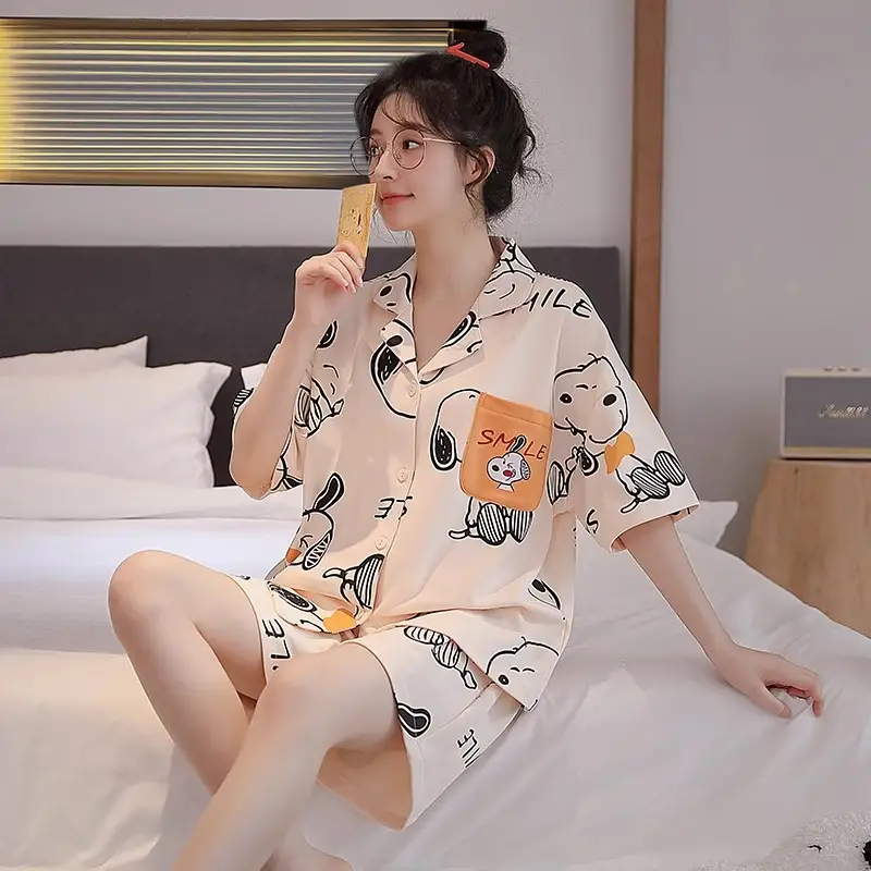 Women's Summer Pajama Set Cream Cartoon Short Sleeve Shorts - Image 39