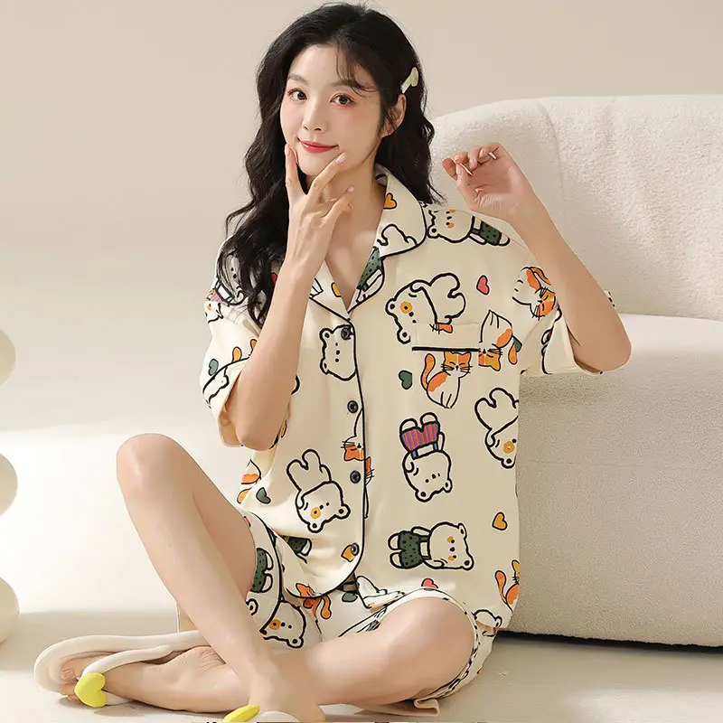 Women's Summer Pajama Set Cream Cartoon Short Sleeve Shorts - Image 41