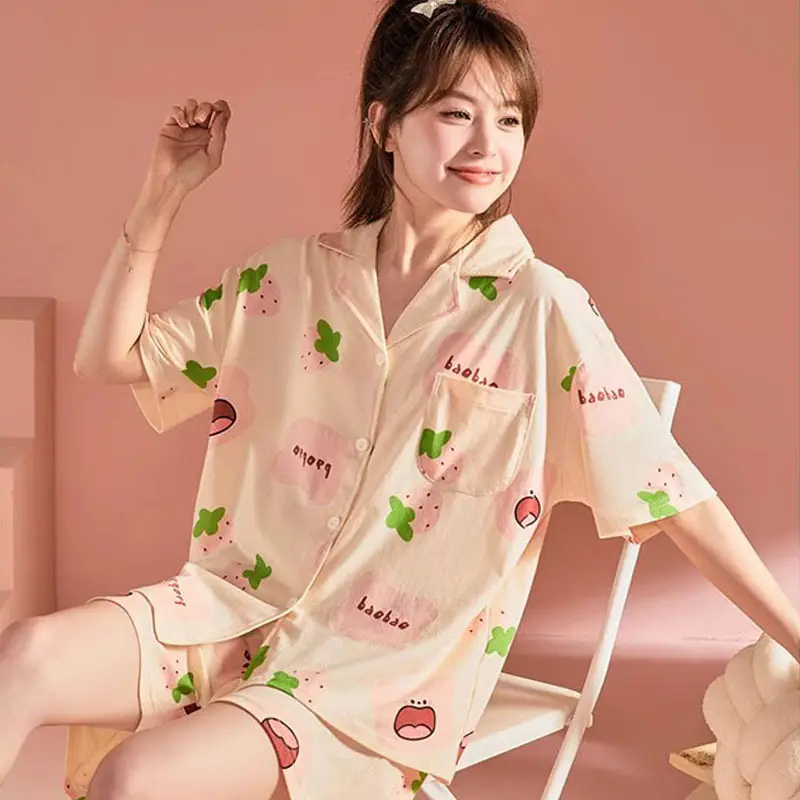 Women's Summer Pajama Set Cream Cartoon Short Sleeve Shorts - Image 42