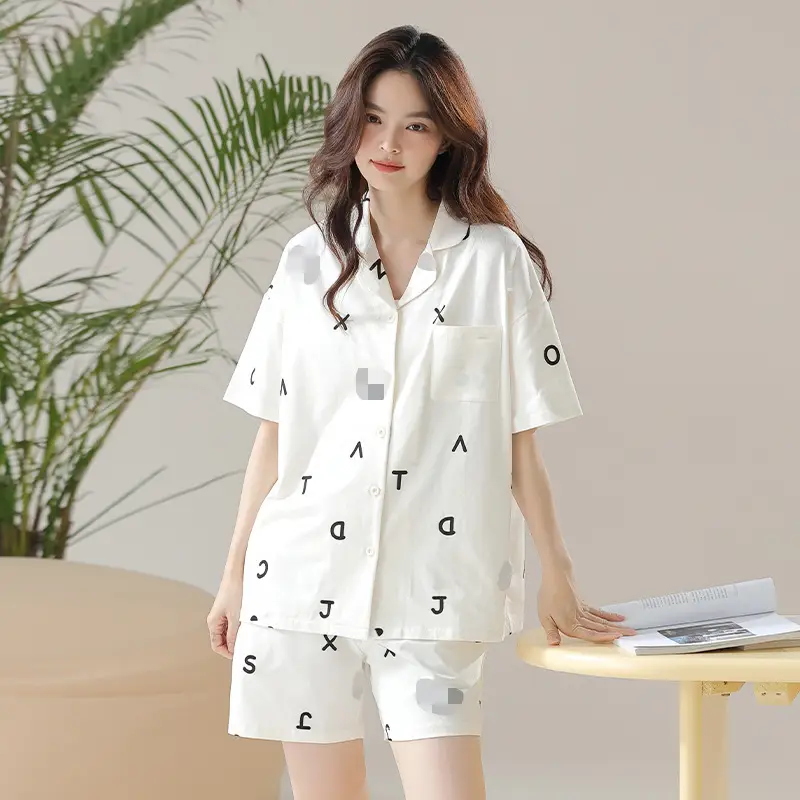 Women's Summer Pajama Set Cream Cartoon Short Sleeve Shorts - Image 43