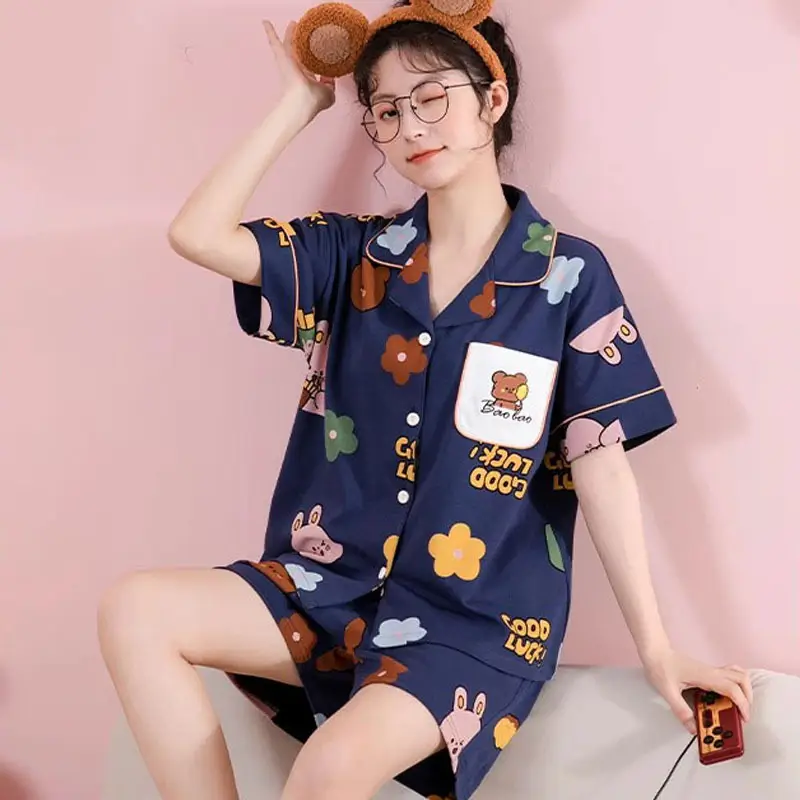 Women's Summer Pajama Set Cream Cartoon Short Sleeve Shorts - Image 44