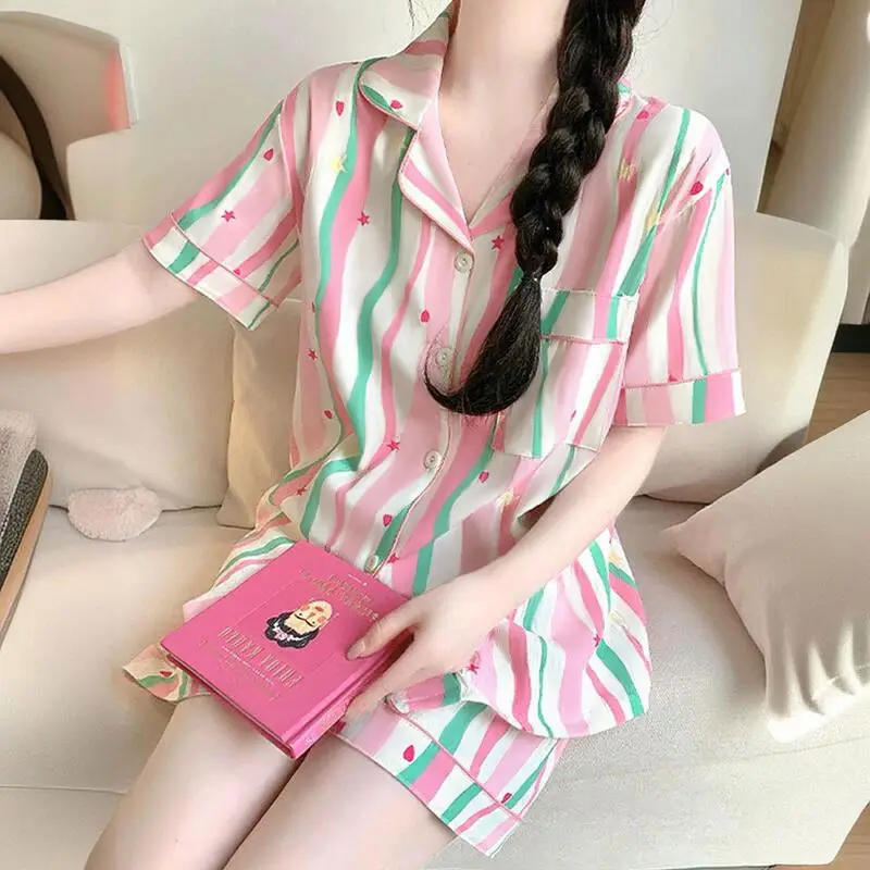 Women's Summer Pajama Set Cream Cartoon Short Sleeve Shorts - Image 45