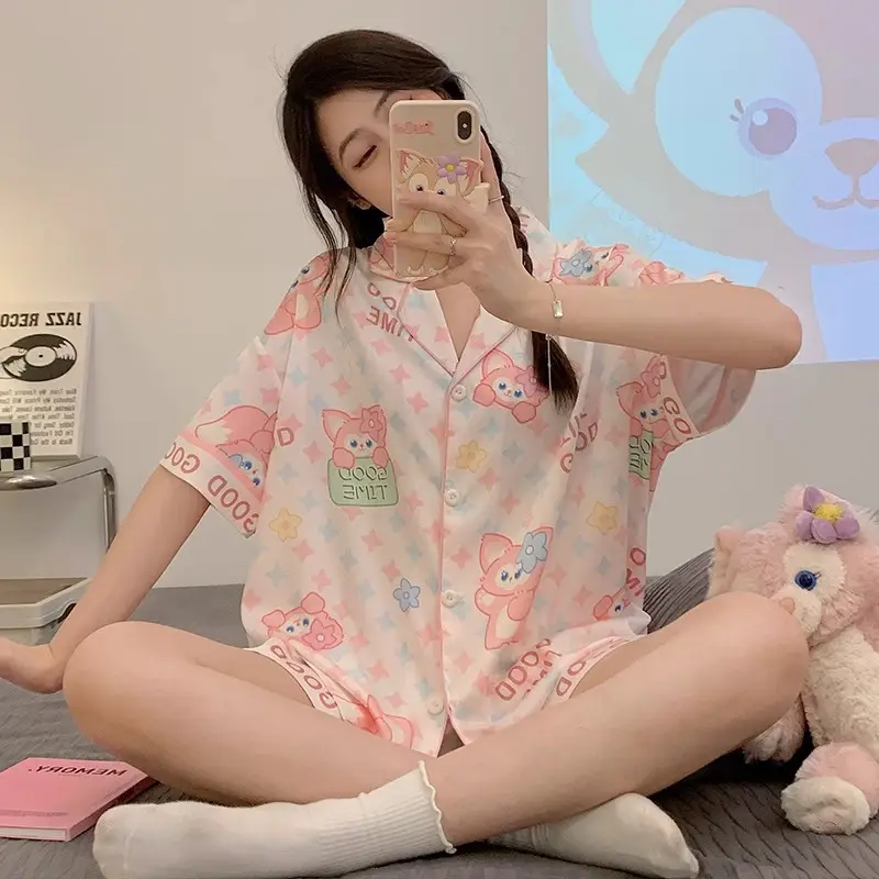 Women's Summer Pajama Set Cream Cartoon Short Sleeve Shorts - Image 46