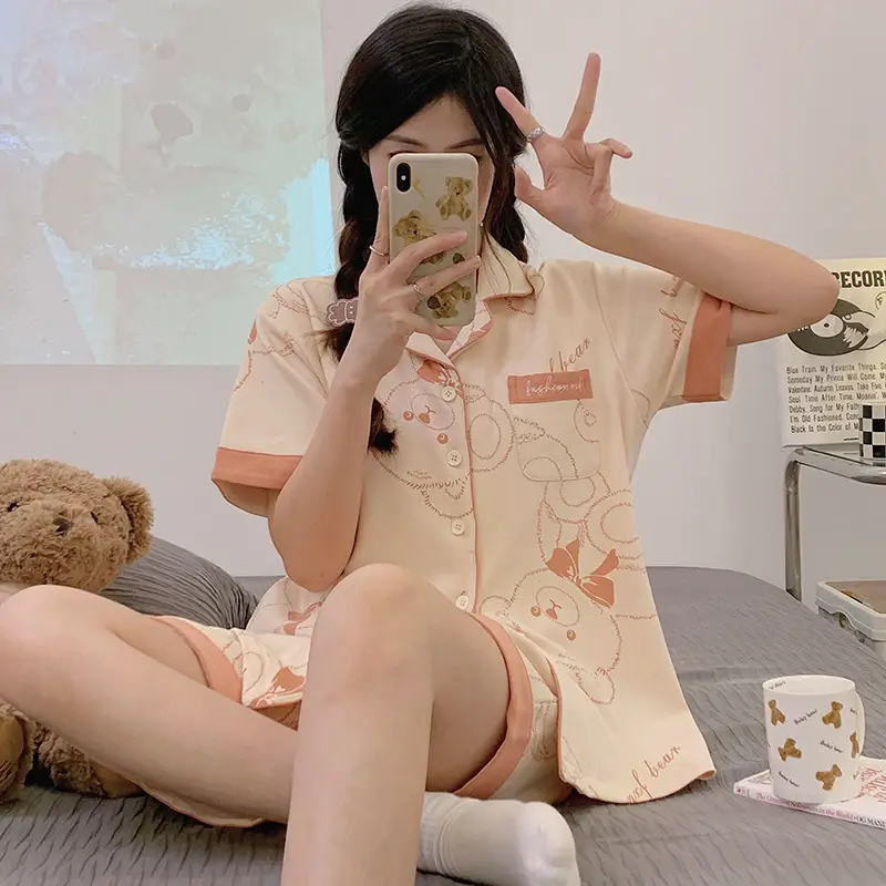 Women's Summer Pajama Set Cream Cartoon Short Sleeve Shorts - Image 5
