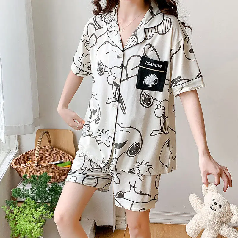 Women's Summer Pajama Set Cream Cartoon Short Sleeve Shorts - Image 52