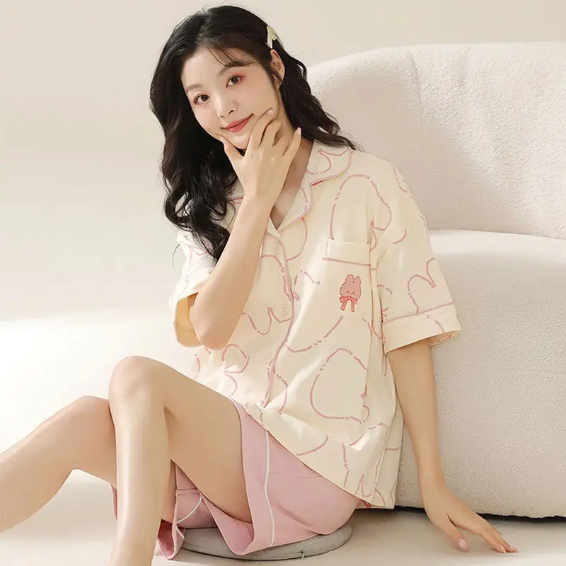 Women's Summer Pajama Set Cream Cartoon Short Sleeve Shorts - Image 55