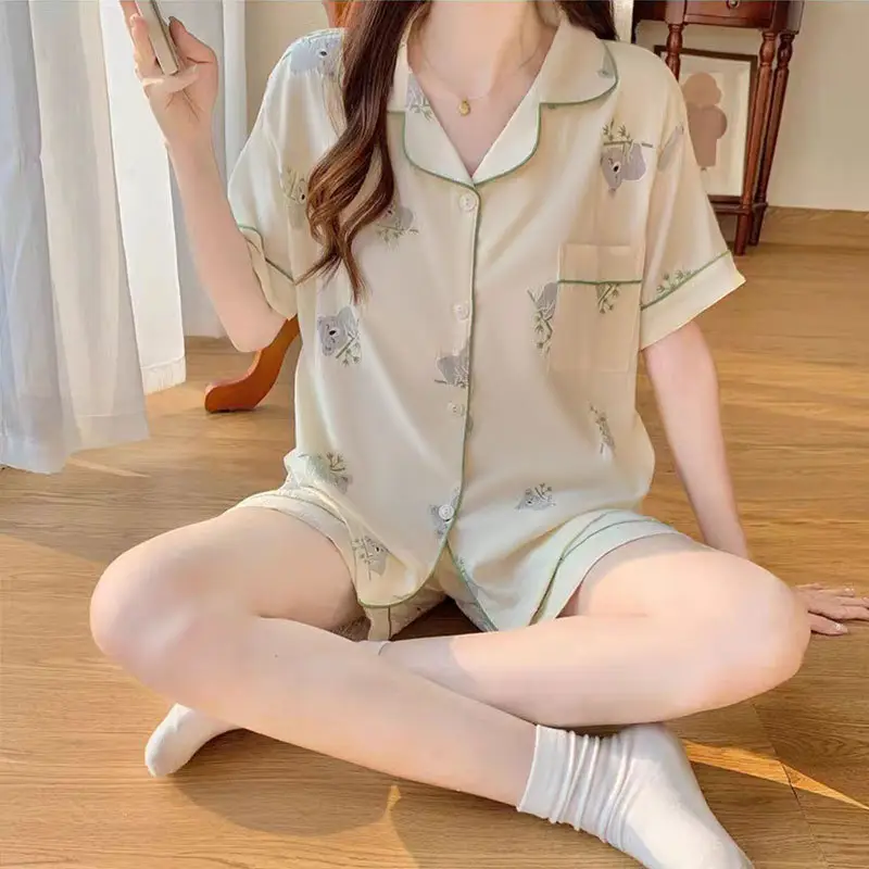 Women's Summer Pajama Set Cream Cartoon Short Sleeve Shorts - Image 56