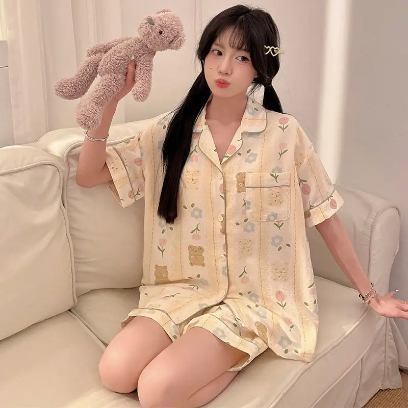 Women's Summer Pajama Set Cream Cartoon Short Sleeve Shorts - Image 57