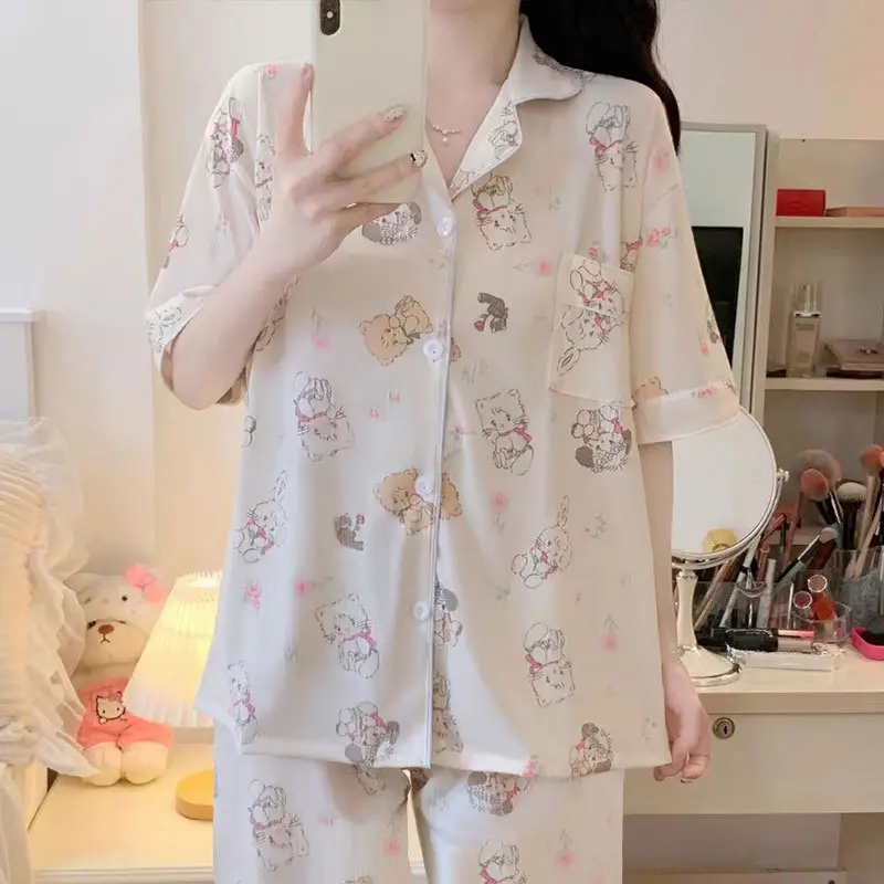 Women's Summer Pajama Set Cream Cartoon Short Sleeve Shorts - Image 58