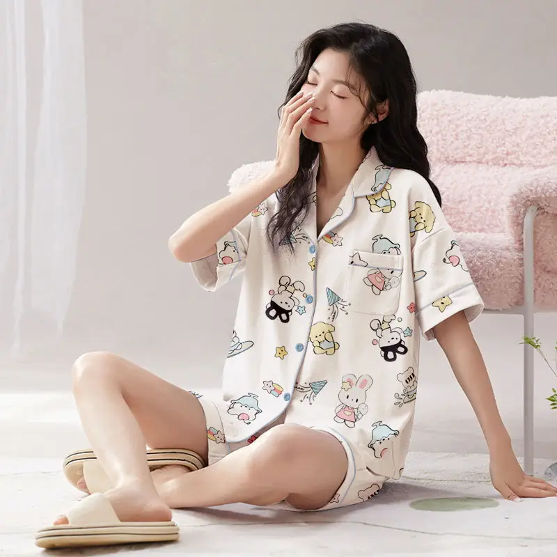 Women's Summer Pajama Set Cream Cartoon Short Sleeve Shorts - Image 59