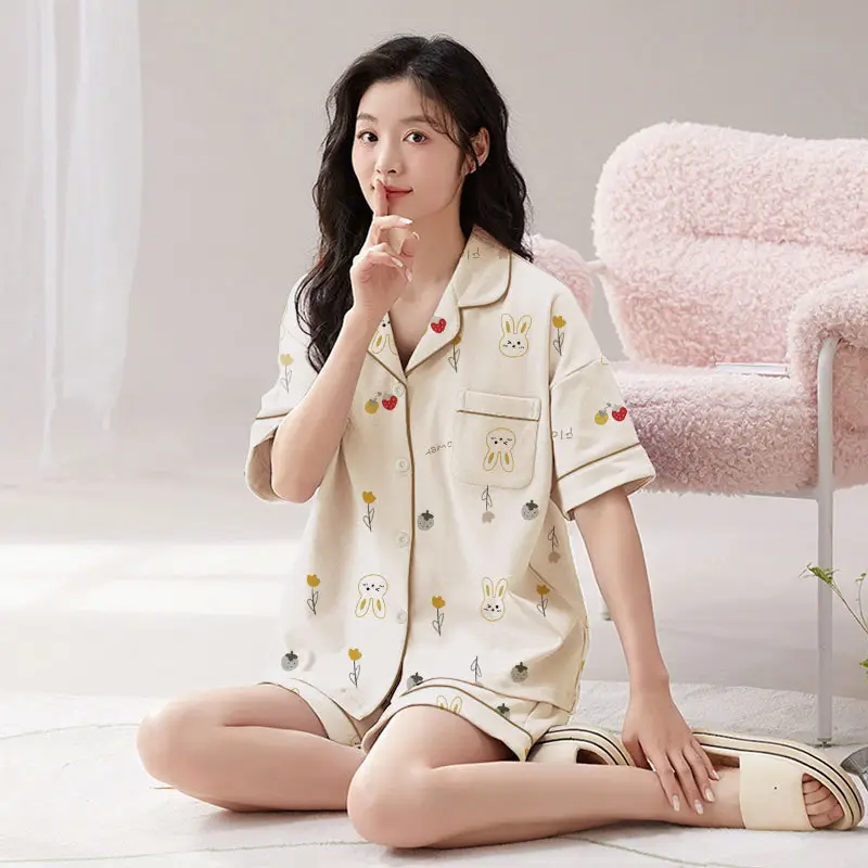 Women's Summer Pajama Set Cream Cartoon Short Sleeve Shorts - Image 60