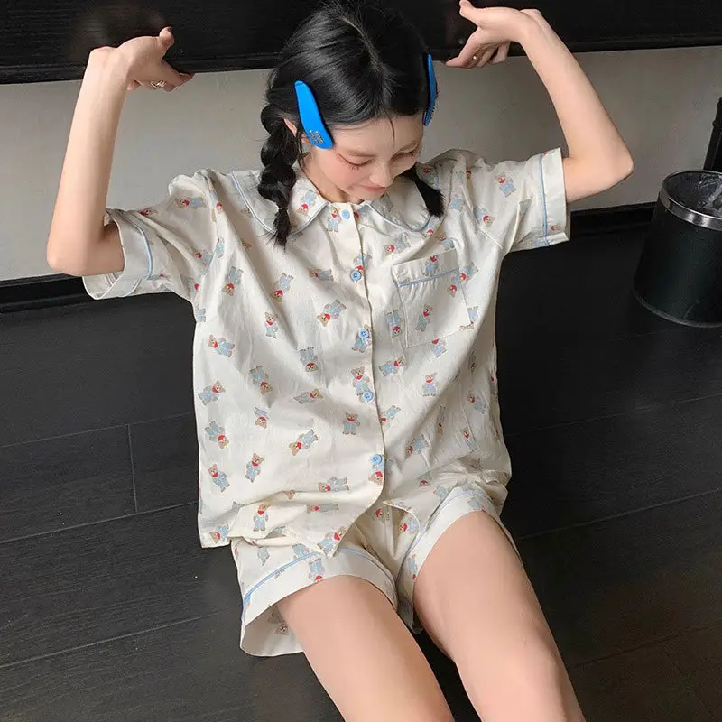 Women's Summer Pajama Set Cream Cartoon Short Sleeve Shorts - Image 61