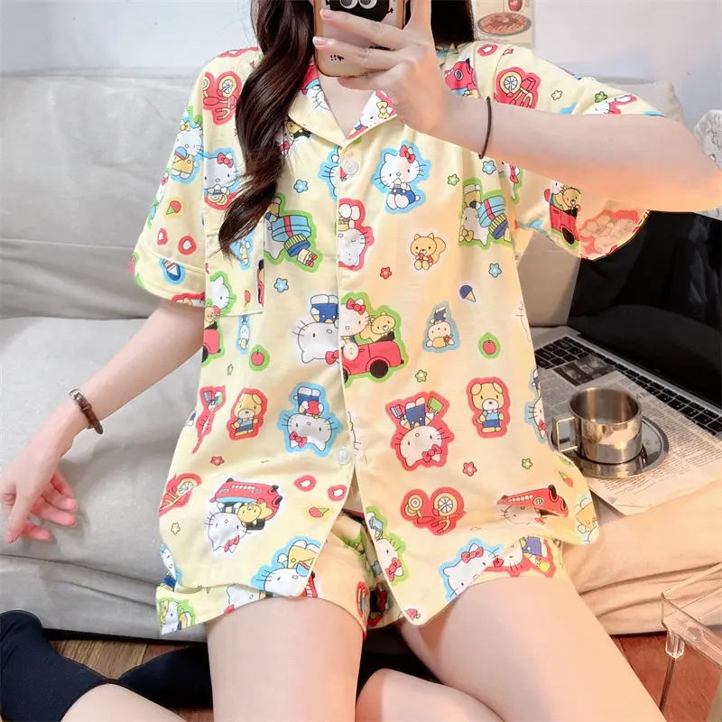 Women's Summer Pajama Set Cream Cartoon Short Sleeve Shorts - Image 62