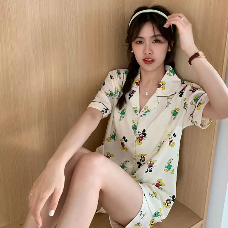 Women's Summer Pajama Set Cream Cartoon Short Sleeve Shorts - Image 63