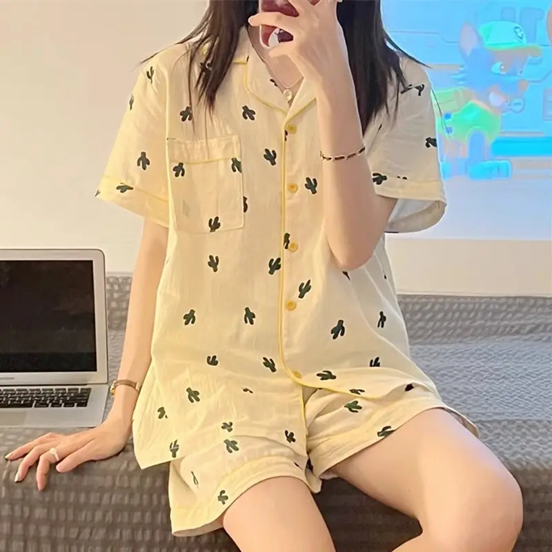 Women's Summer Pajama Set Cream Cartoon Short Sleeve Shorts - Image 64
