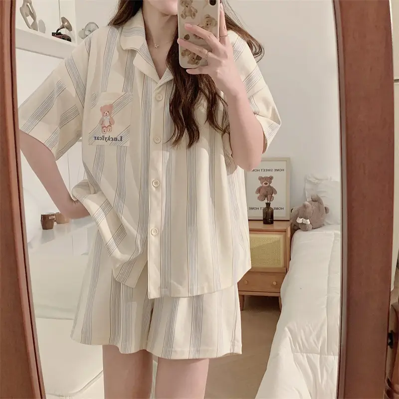 Women's Summer Pajama Set Cream Cartoon Short Sleeve Shorts - Image 65
