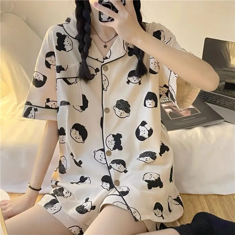 Women's Summer Pajama Set Cream Cartoon Short Sleeve Shorts - Image 7