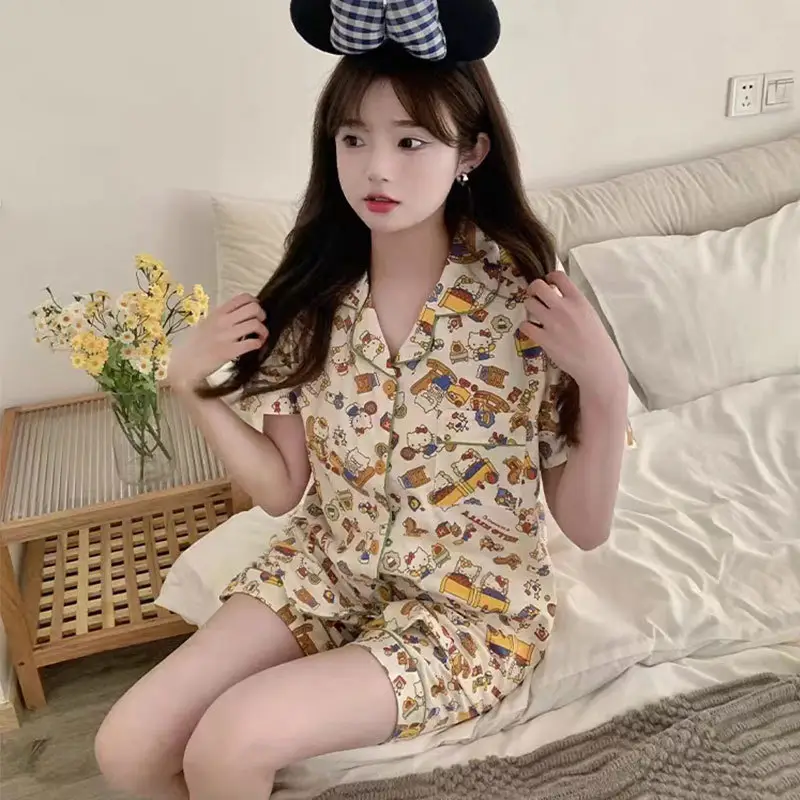 Women's Summer Pajama Set Cream Cartoon Short Sleeve Shorts - Image 8