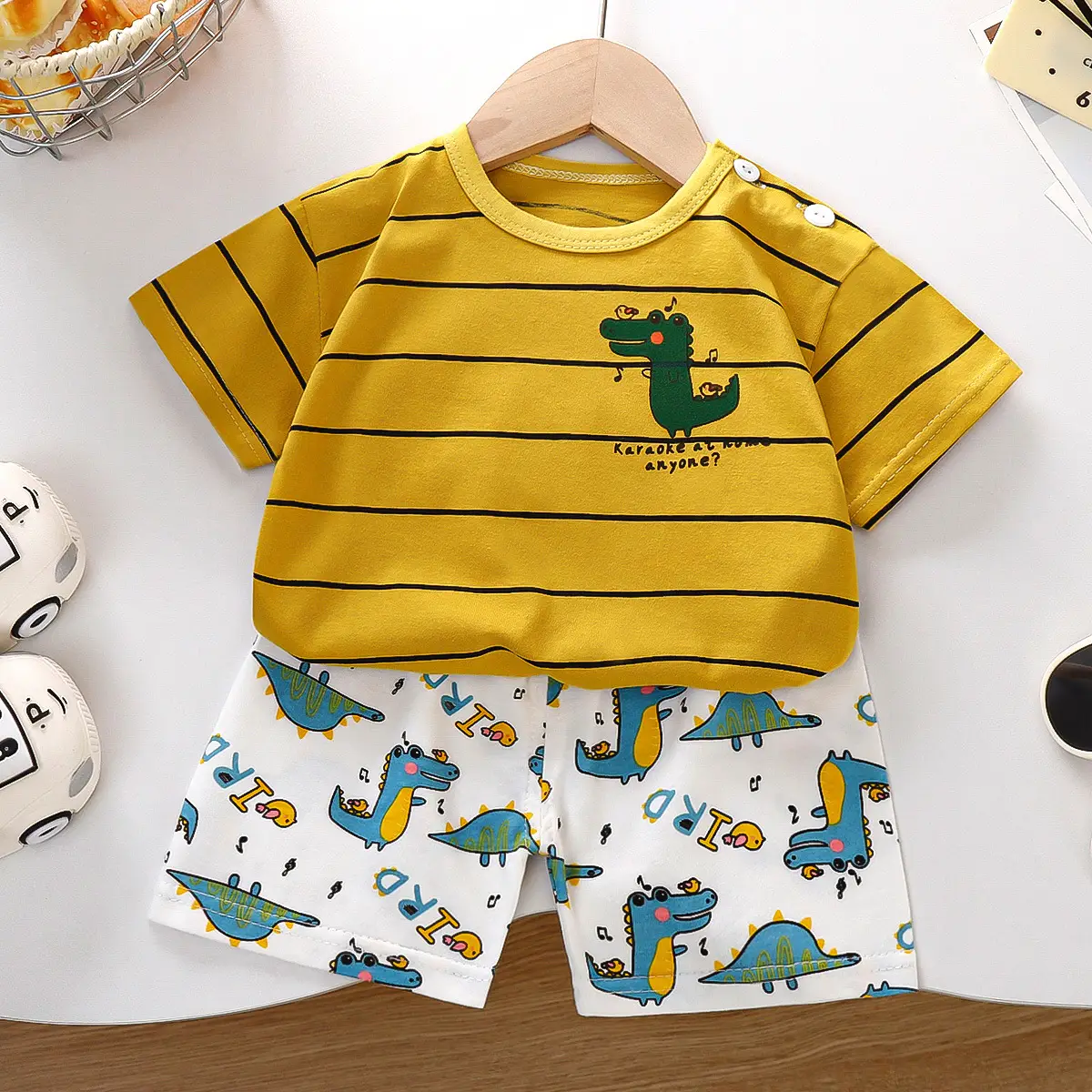 Children Cotton Printed T-Shirt Shorts Set Green White — feature 7