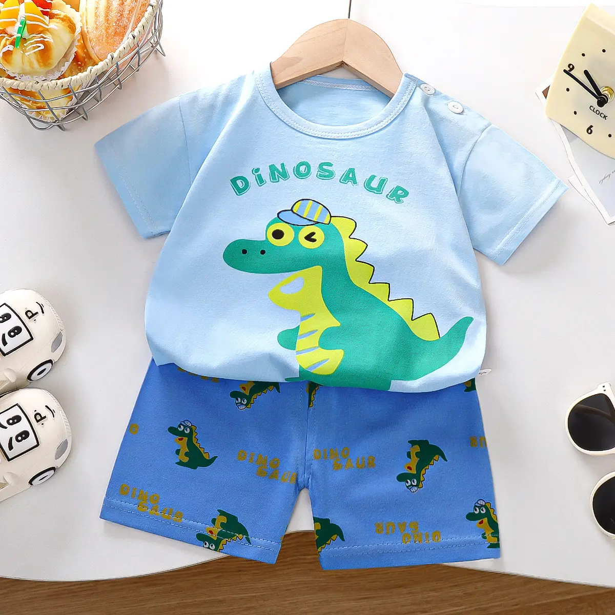 Children Cotton Printed T-Shirt Shorts Set Green White — feature 8