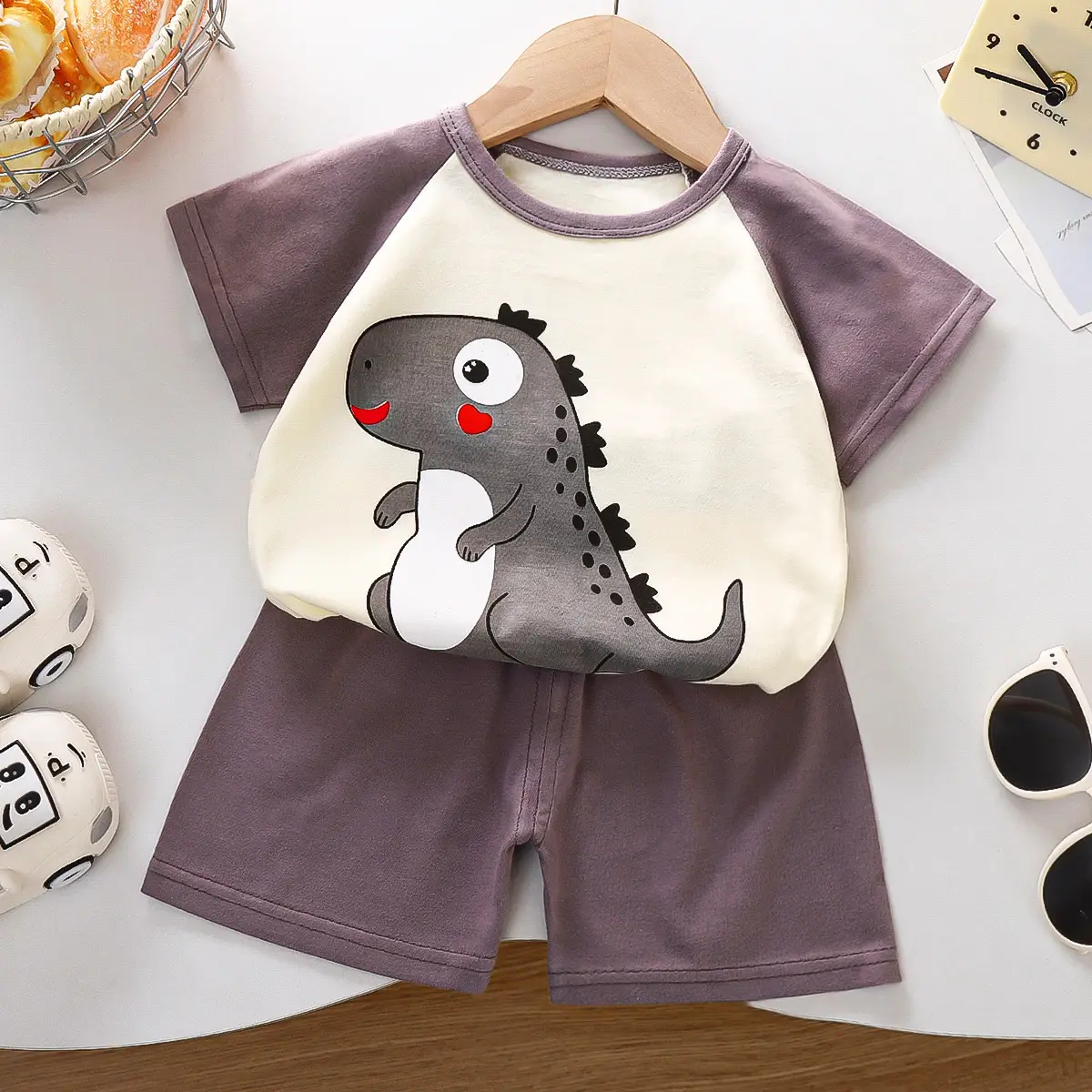 Children Cotton Printed T-Shirt Shorts Set Green White — feature 9