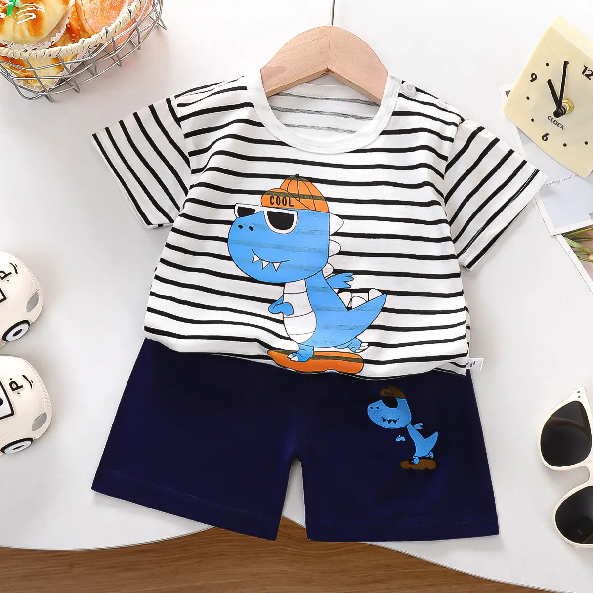 Children Cotton Printed T-Shirt Shorts Set Green White - Image 11