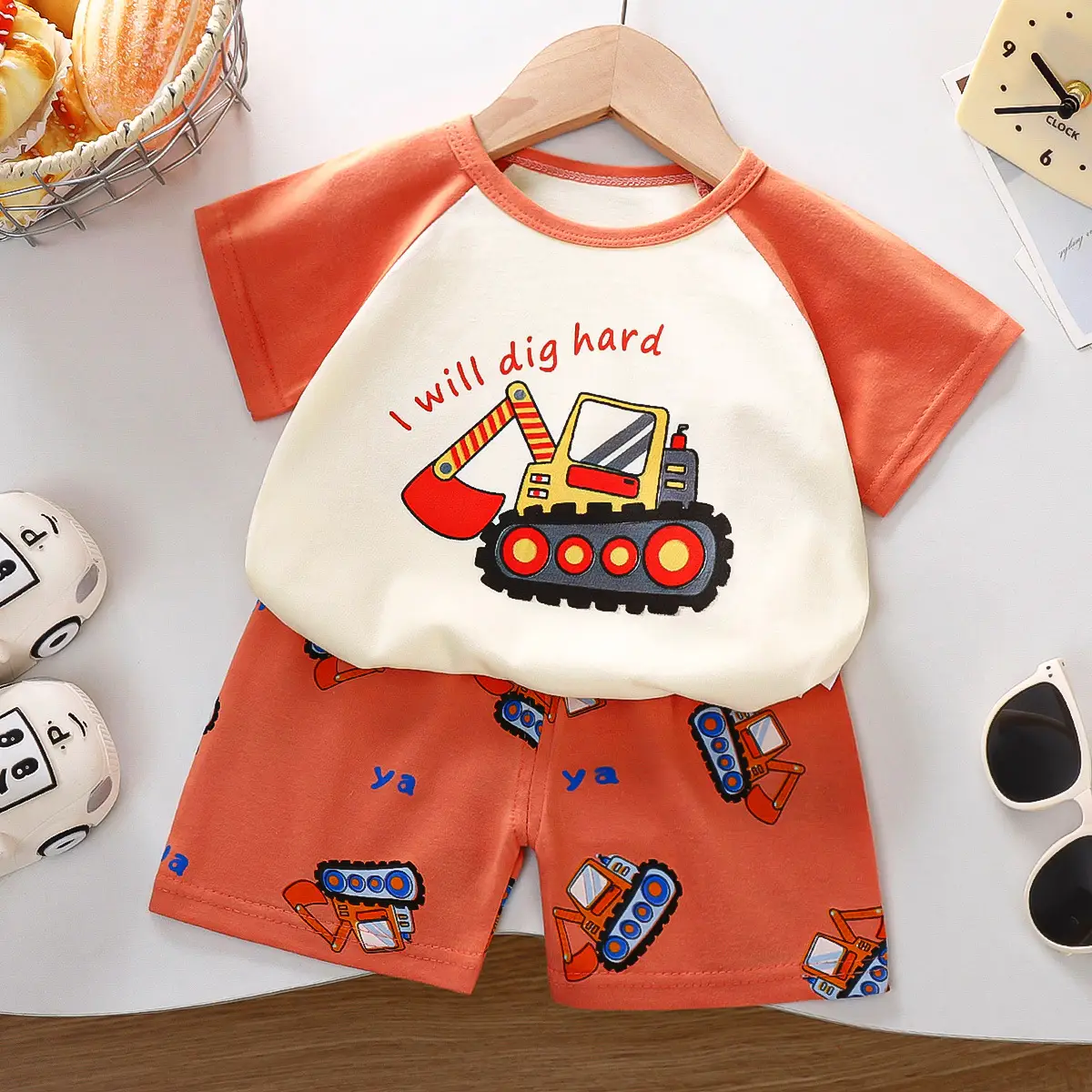 Children Cotton Printed T-Shirt Shorts Set Green White - Image 14