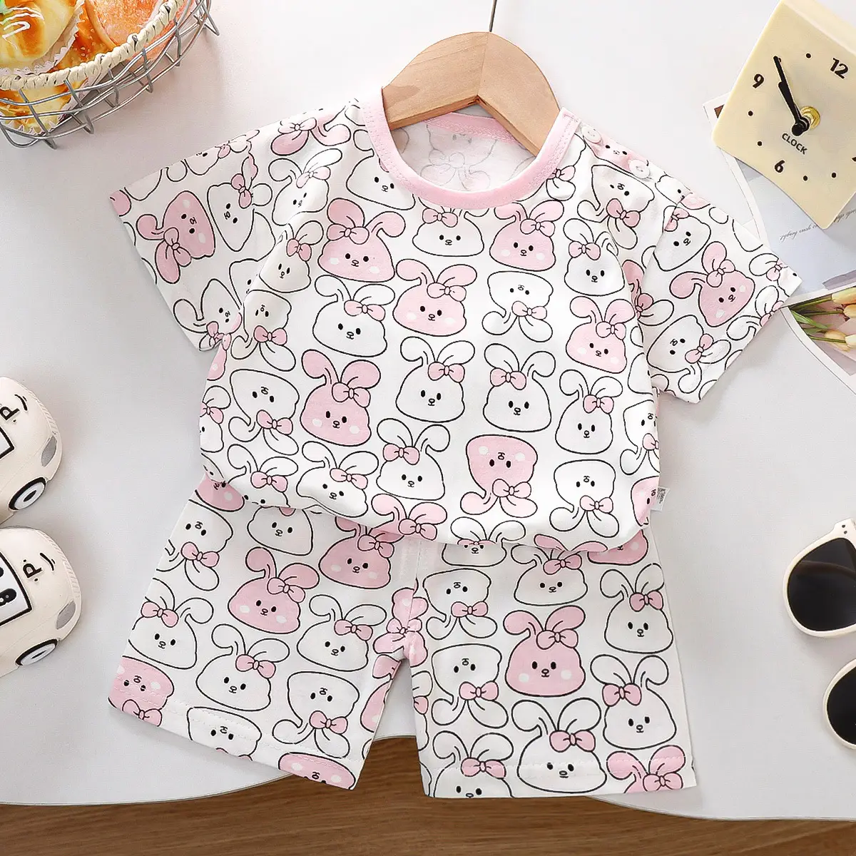 Children Cotton Printed T-Shirt Shorts Set Green White - Image 17