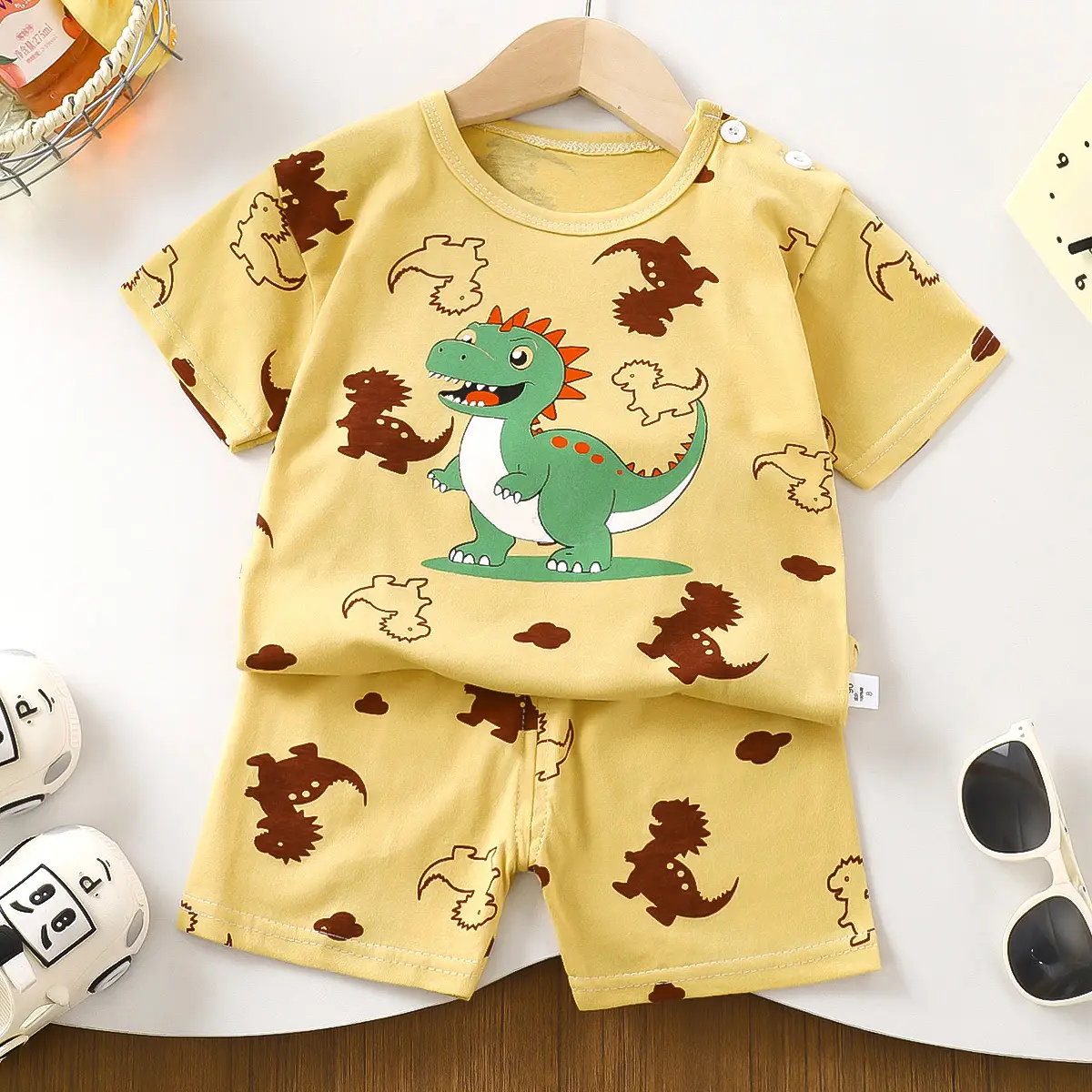 Children Cotton Printed T-Shirt Shorts Set Green White - Image 19