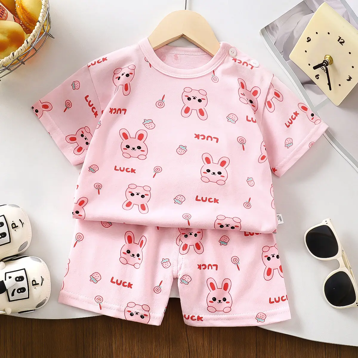 Children Cotton Printed T-Shirt Shorts Set Green White - Image 2