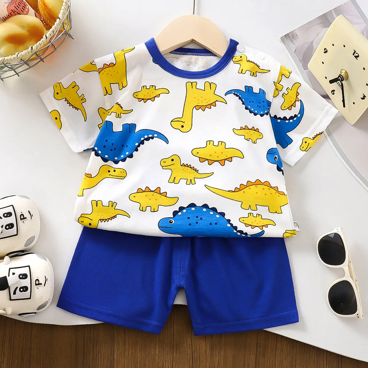 Children Cotton Printed T-Shirt Shorts Set Green White - Image 3