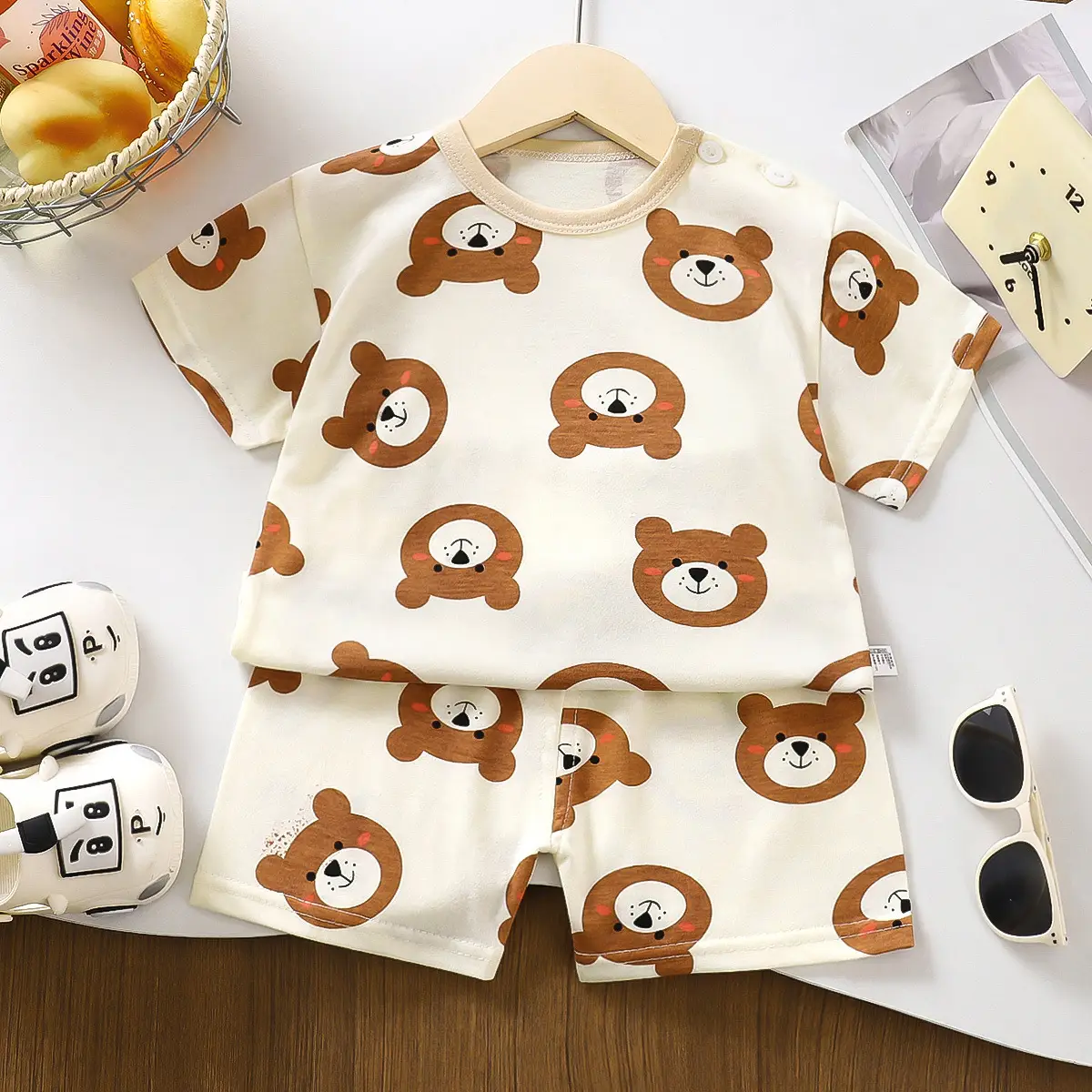 Children Cotton Printed T-Shirt Shorts Set Green White - Image 4