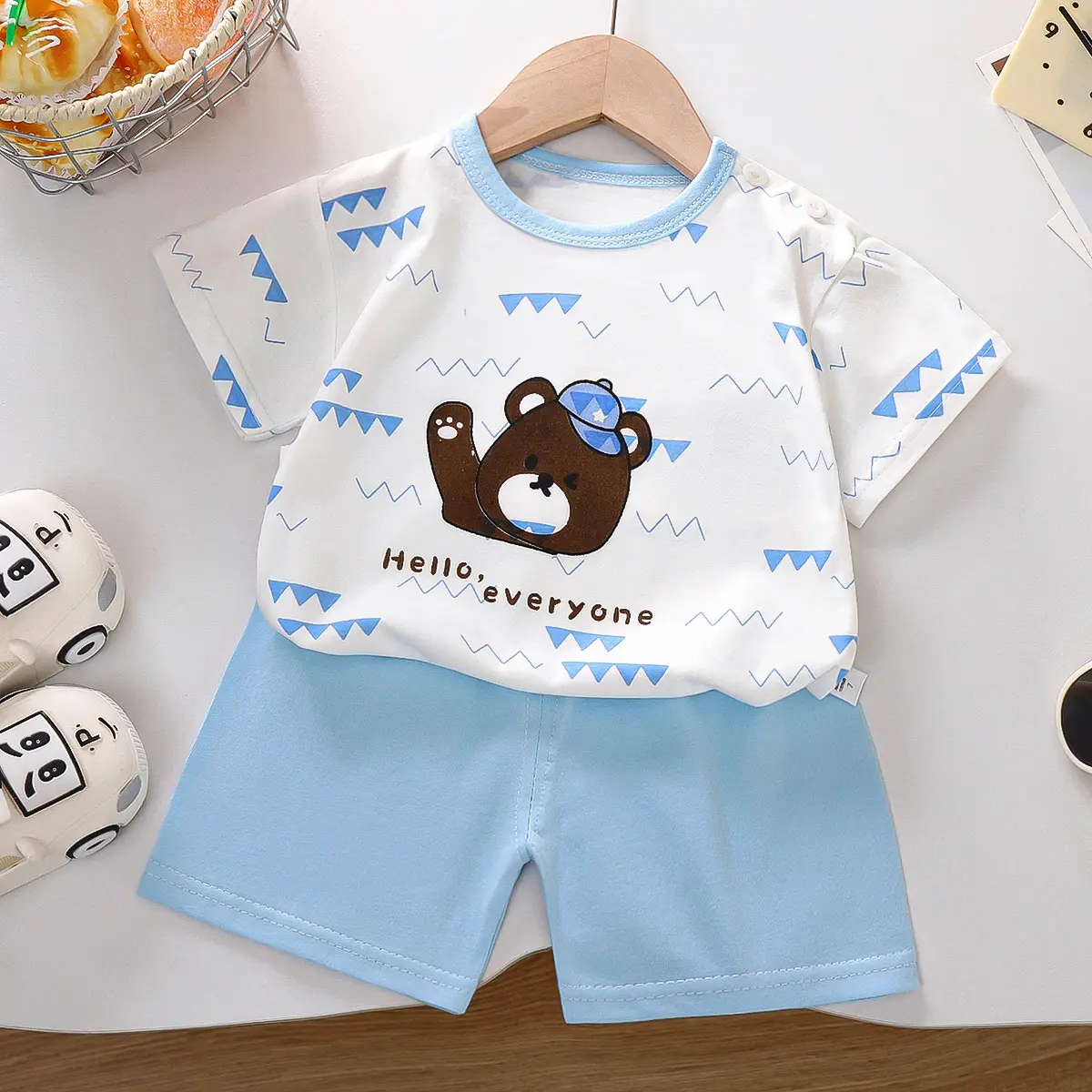 Children Cotton Printed T-Shirt Shorts Set Green White - Image 5