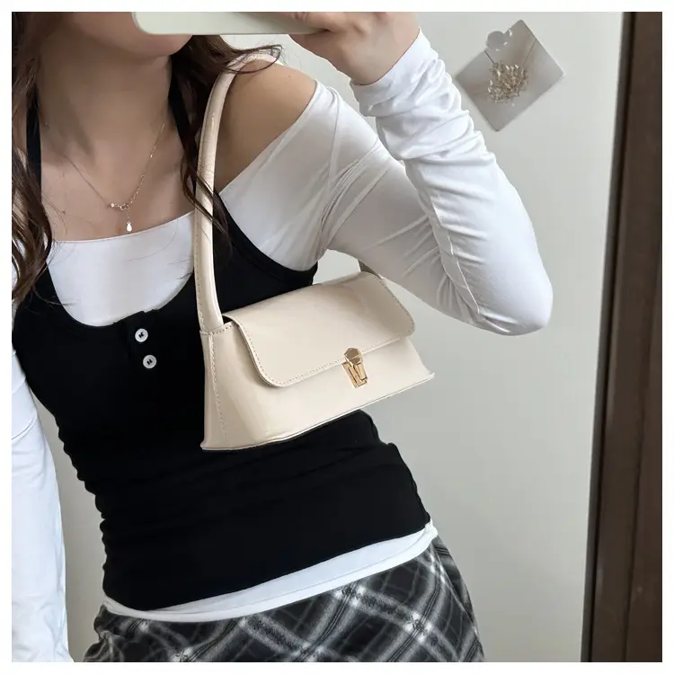 Women's Beige Shoulder Bag with Gold Clasp - Image 7