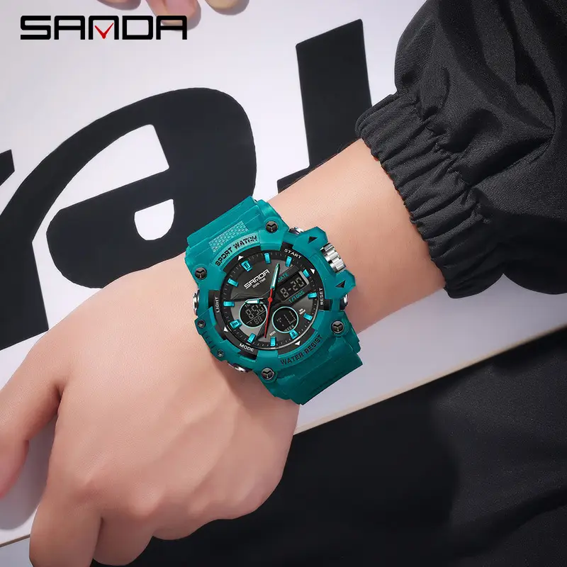 Men Sports Waterproof Dual Display Watch Blue White - Image 11