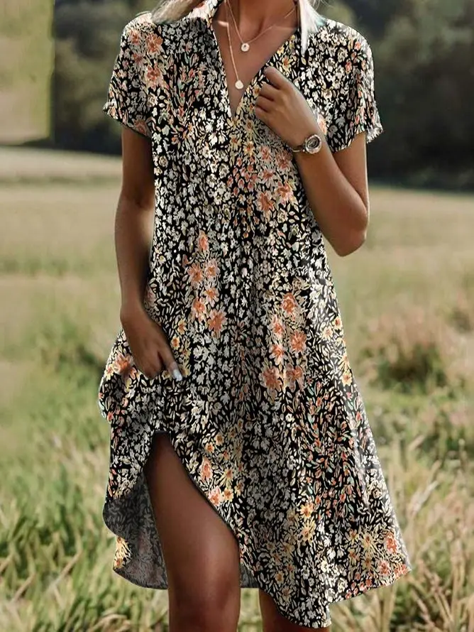 Women Printed V-Neck Dress Blue Floral Short Sleeve