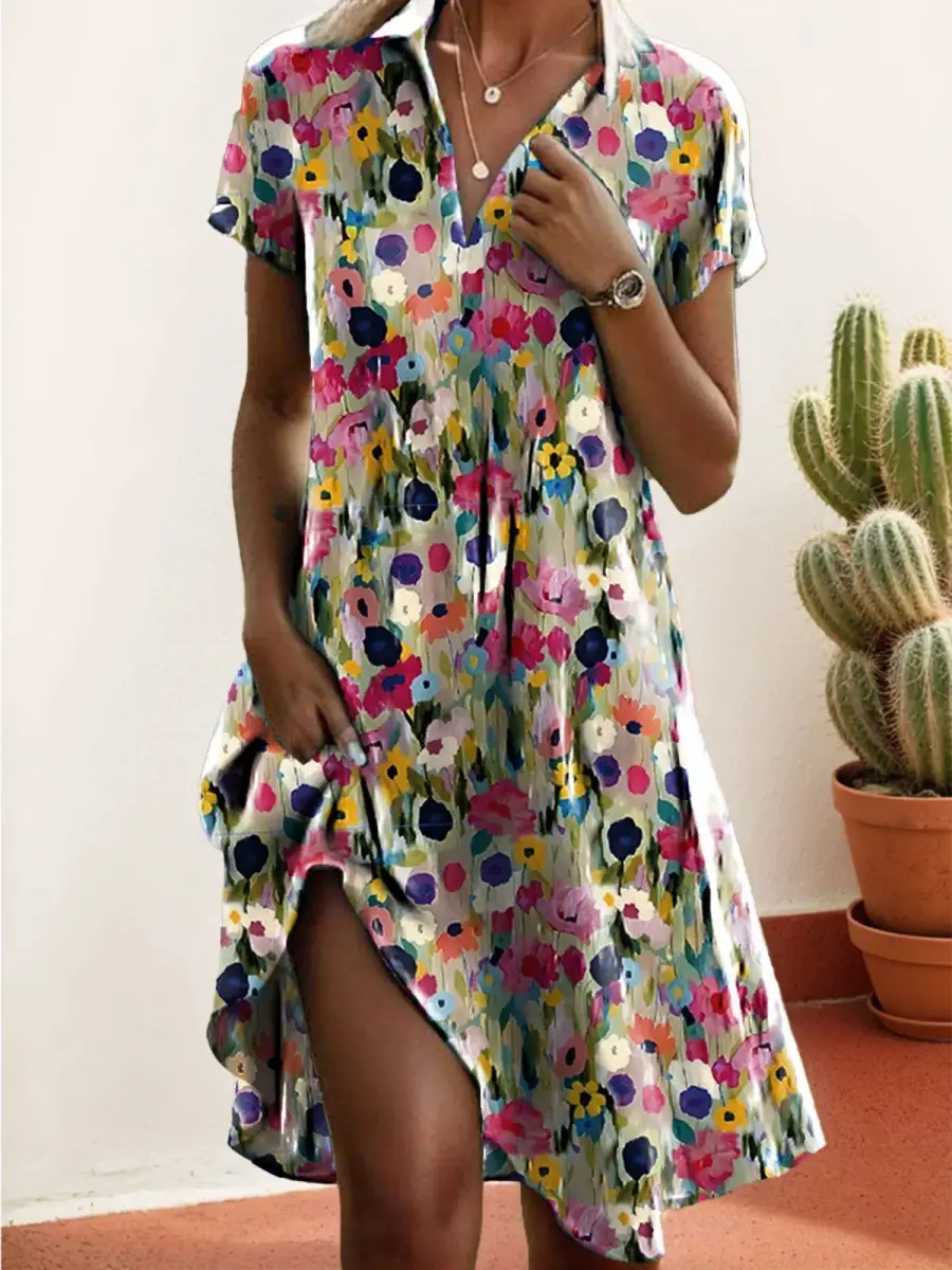 Women Printed V-Neck Dress Blue Floral Short Sleeve