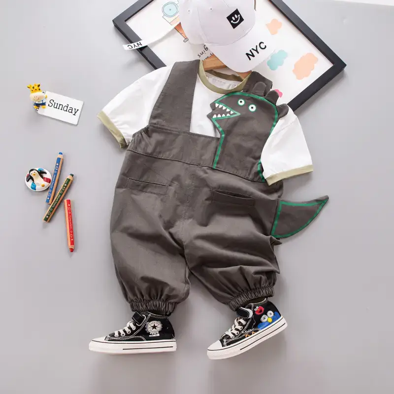 Boys Cotton Summer Strap Suit Green Yellow - Image 3