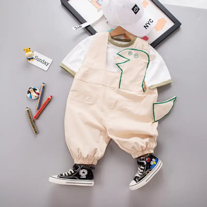 Boys Cotton Summer Strap Suit Green Yellow - Image 2