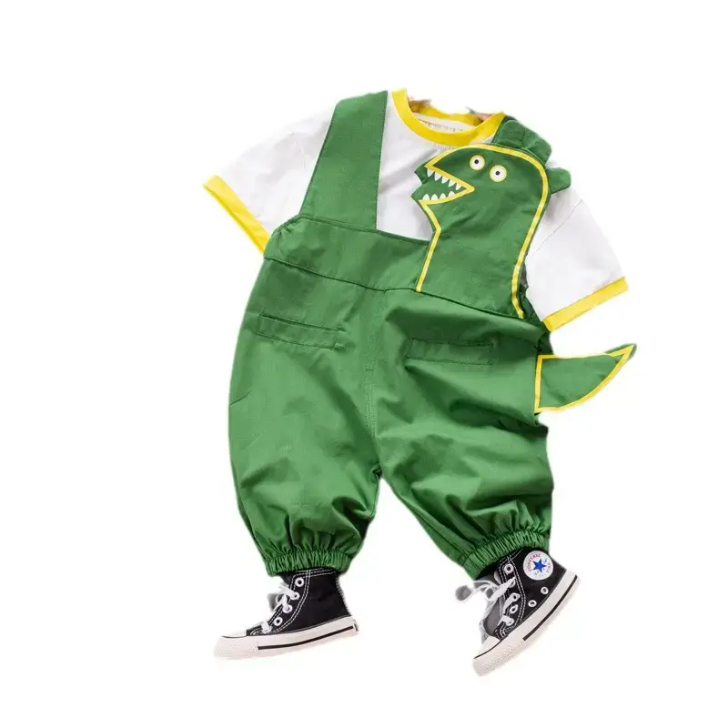 Boys Cotton Summer Strap Suit Green Yellow - Image 5