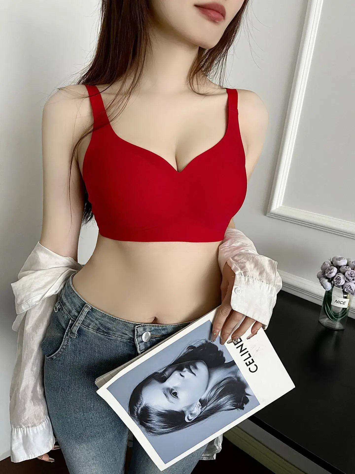 Red Back Sports Bra Small Chest Push-Up Fixed Cup Underwear — feature 33