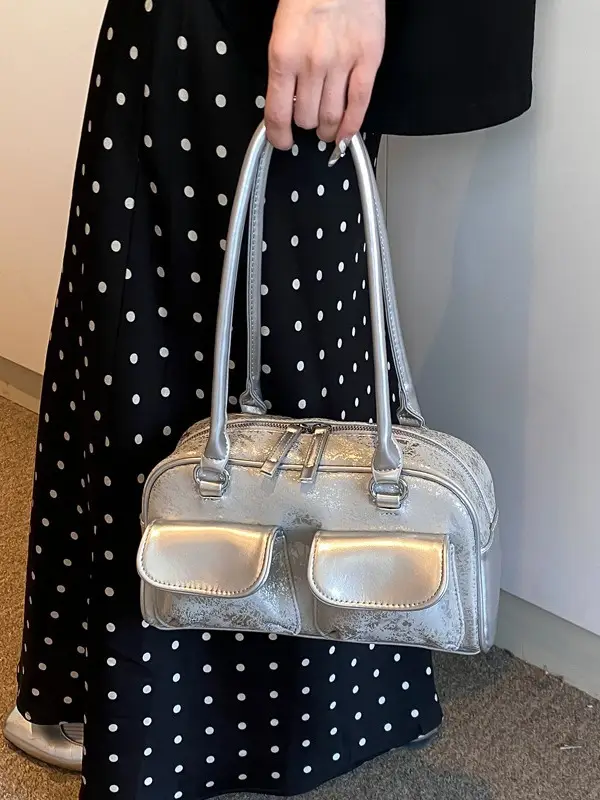 Silver Women's Large Capacity Shoulder Bag Boston Style - Image 6