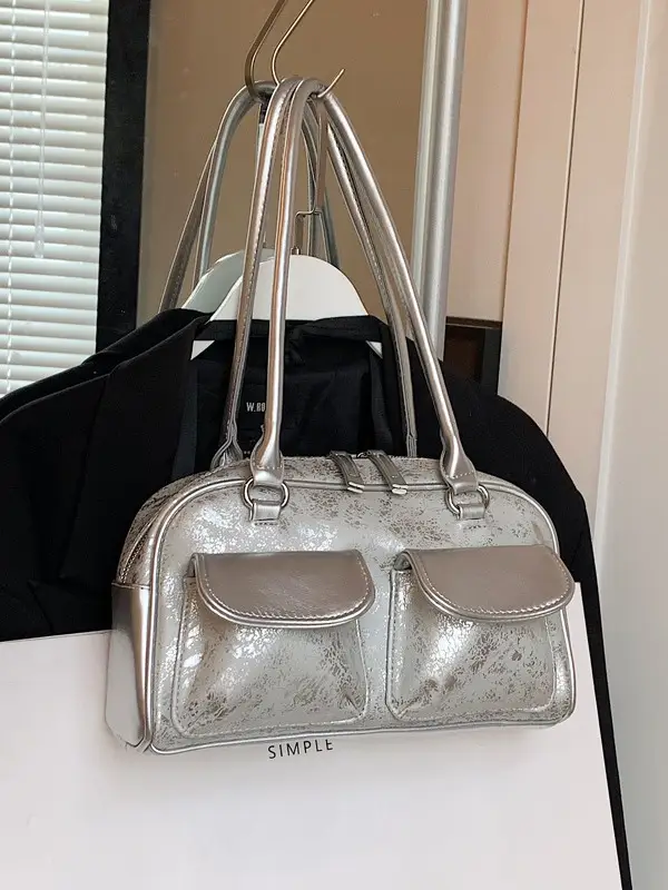 Silver Women's Large Capacity Shoulder Bag Boston Style - Image 7