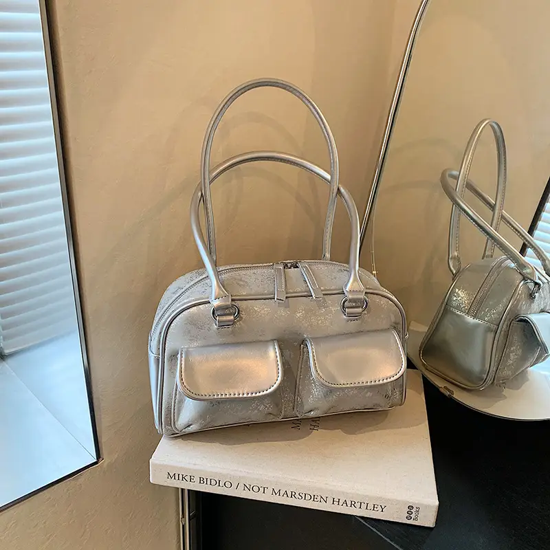 Silver Women's Large Capacity Shoulder Bag Boston Style - Image 2