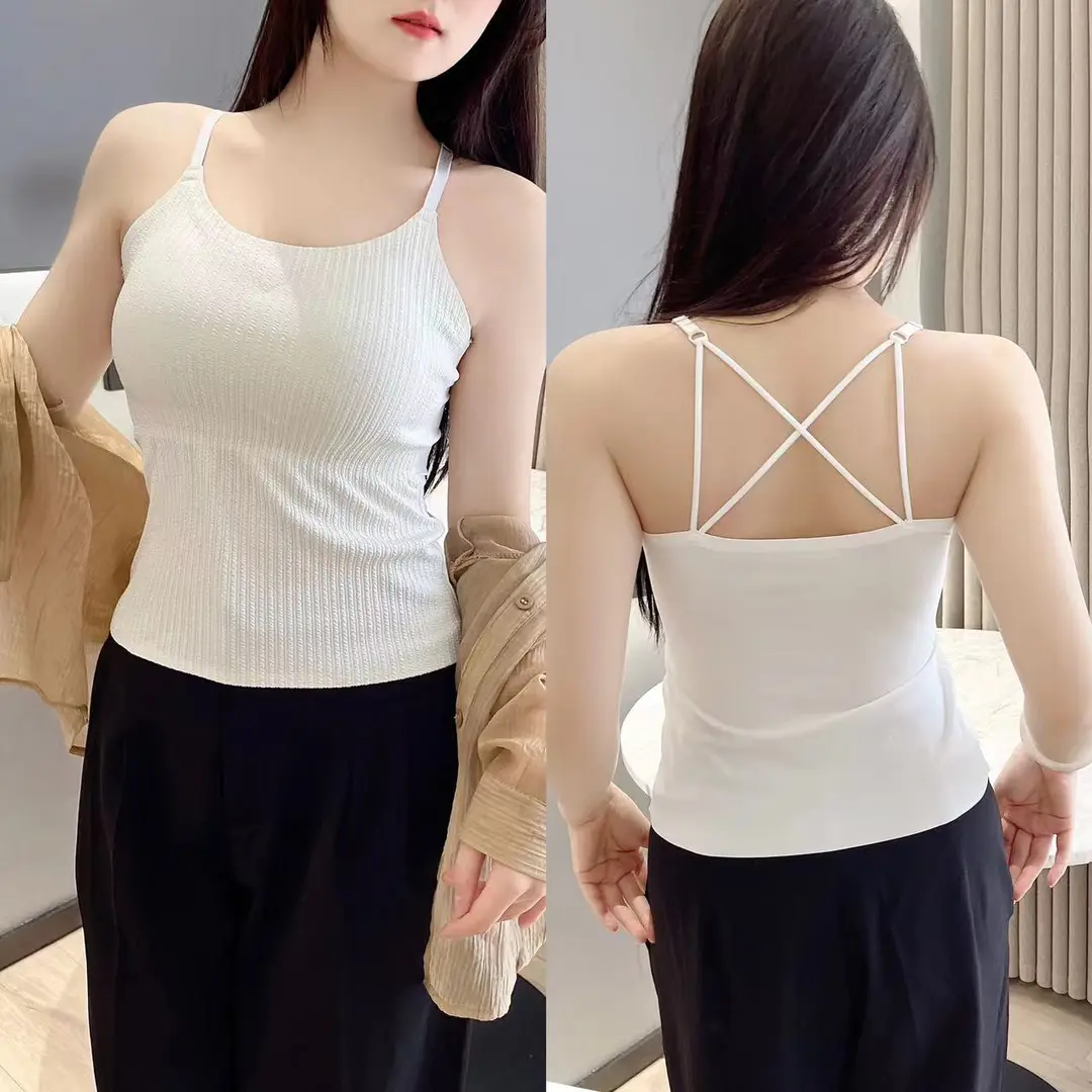 Striped Skinny Base Camisole Twist Explosive Folded Belt Chest Pad Outer Wear Base Beauty Back Camisole Women — feature 21