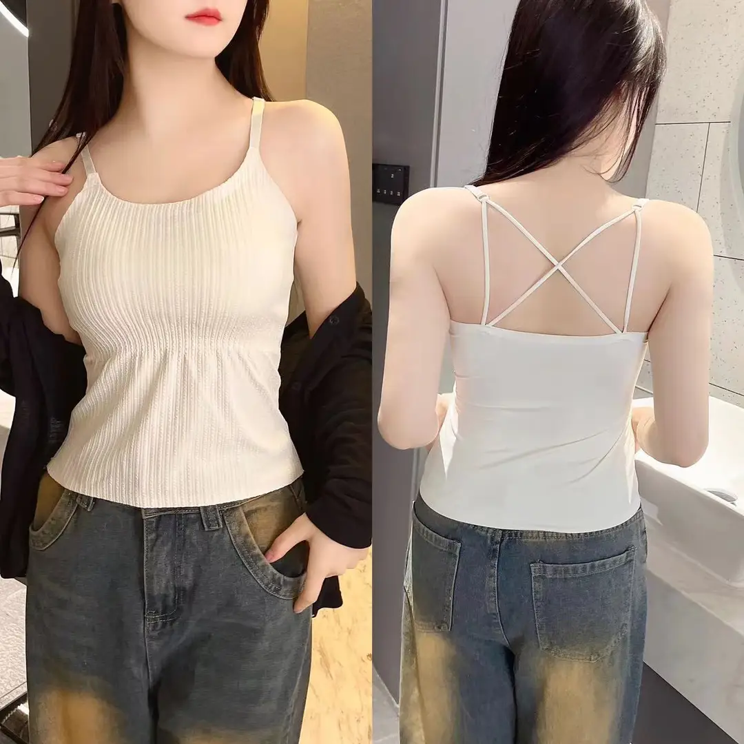 Striped Skinny Base Camisole Twist Explosive Folded Belt Chest Pad Outer Wear Base Beauty Back Camisole Women — feature 23